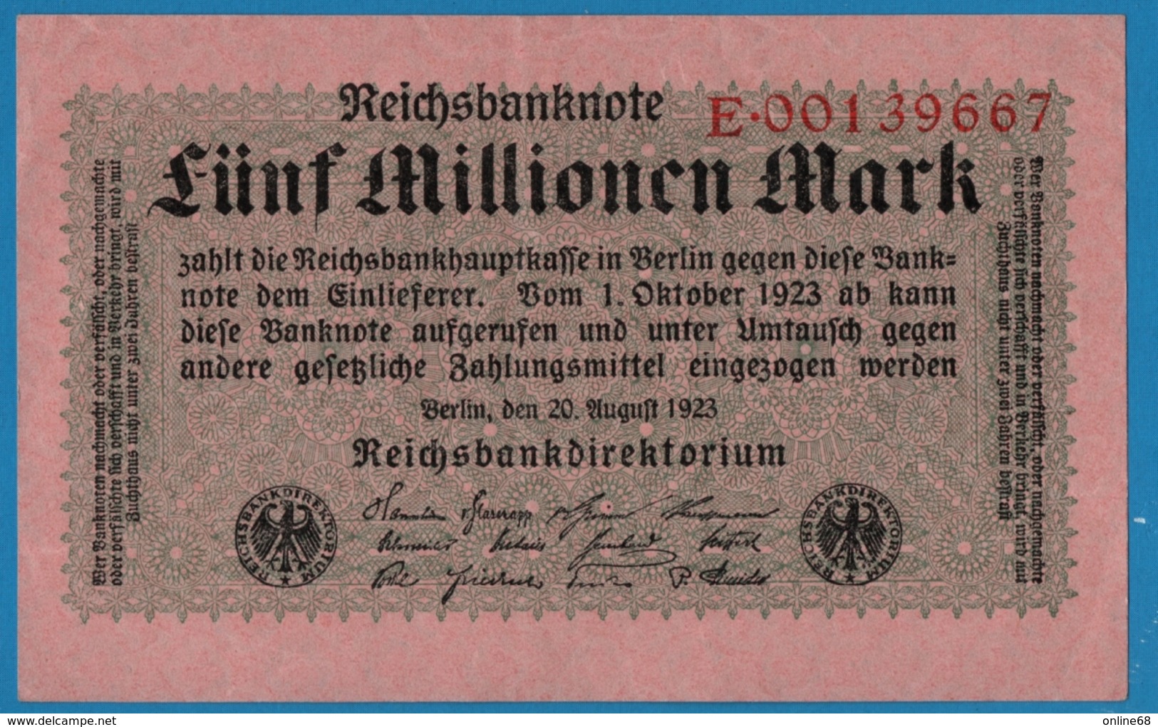 DEUTSCHES REICH 5 Millionen Mark 	20.08.1923	# E.00139667  P# 105 - 5 Millionen Mark