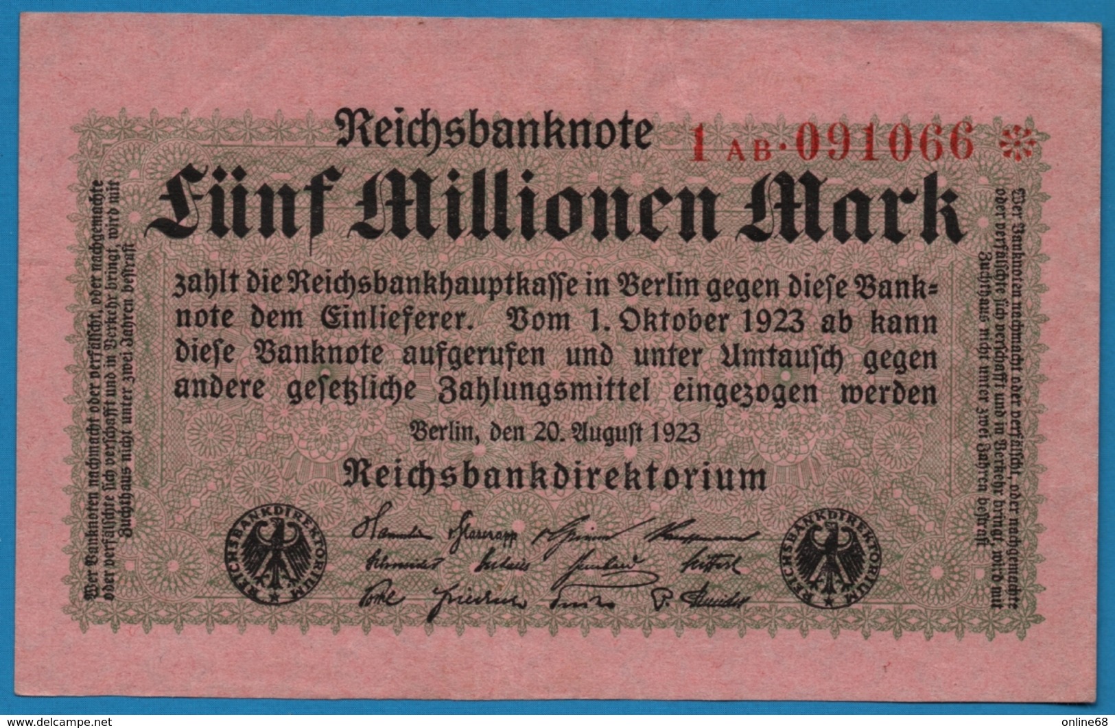 DEUTSCHES REICH 5 Millionen Mark 	20.08.1923	# 1AB.091066*  P# 105 - 5 Miljoen Mark