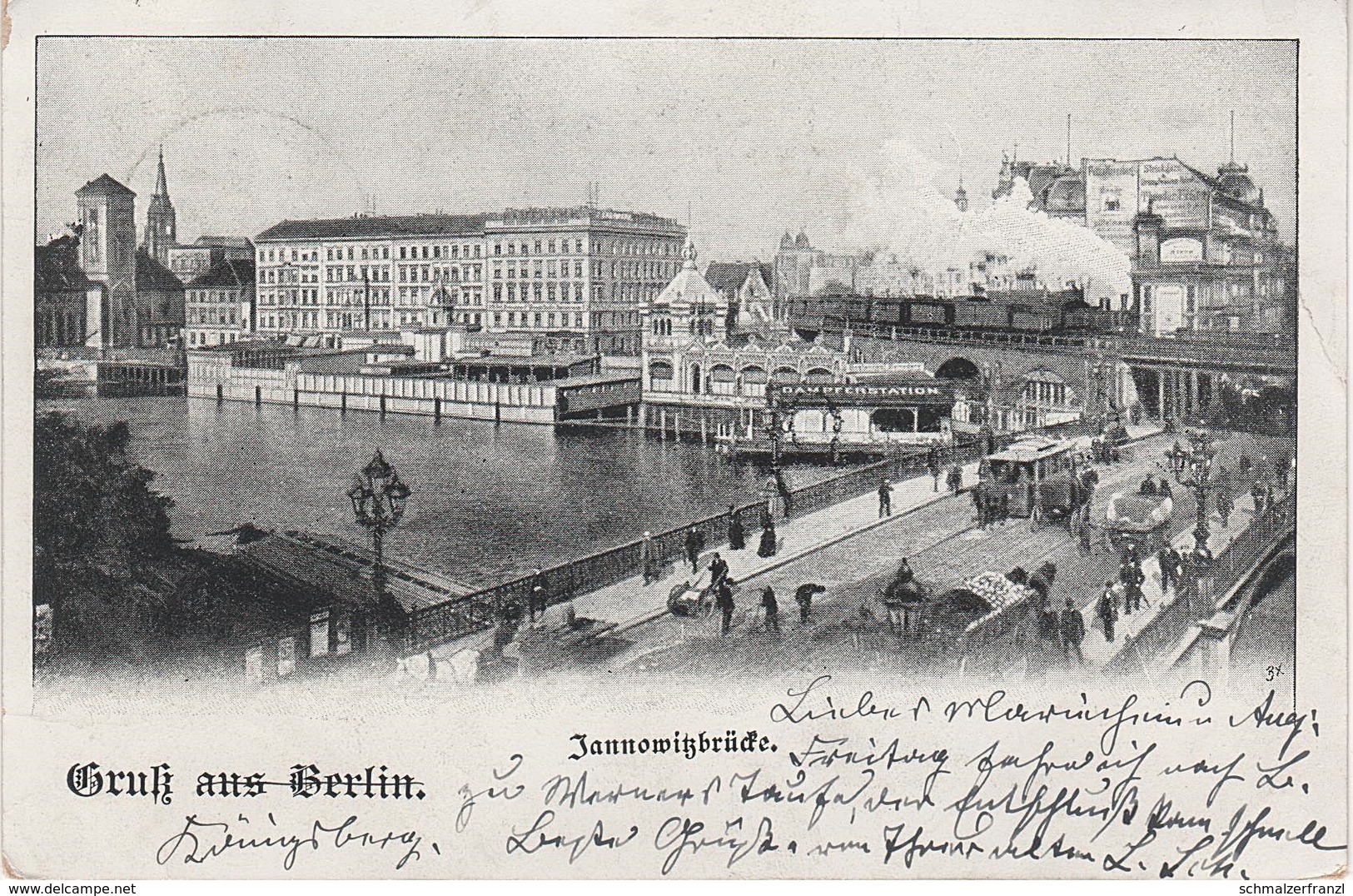 Litho AK Gruß Berlin Jannowitzbrücke Bahnhof Gare Zug Straßenbahn Dampferstation Hotel Rolandufer Stempel Königsberg - Kreuzberg