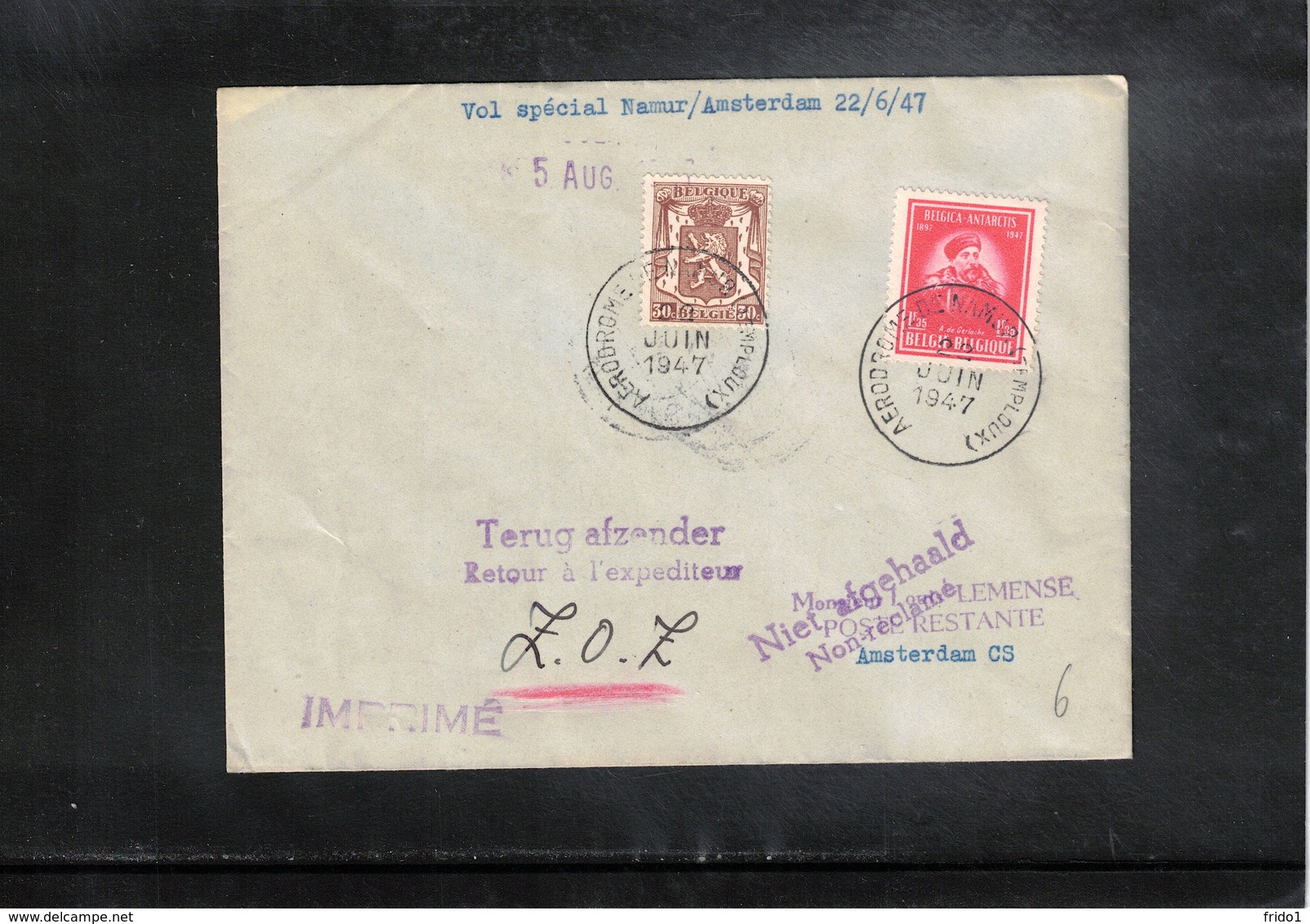 Belgium 1947 Special Flight Namur - Amsterdam - Altri & Non Classificati