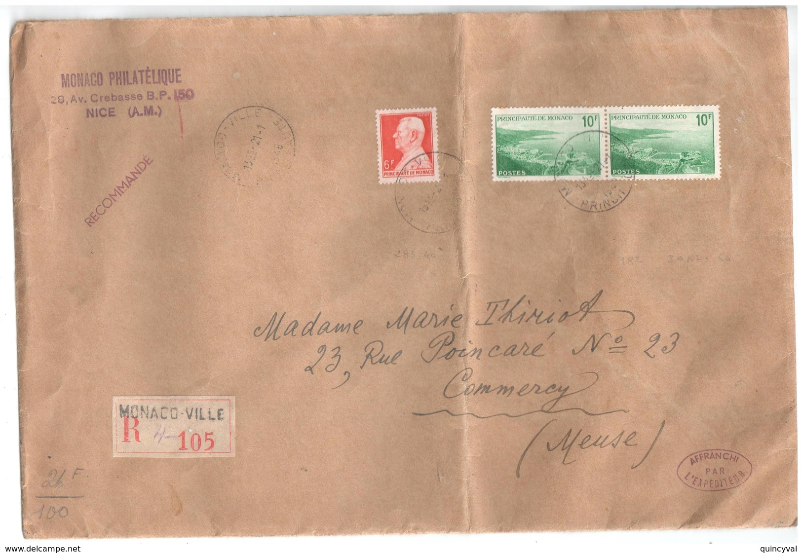 MONACO VILLE Lettre 6 F Louis II Rouge  10 F Vert Vue Aérienne Yv 182 283 Ob 21 1 1948 Dest Commercy Meuse Pli D'archive - Cartas & Documentos