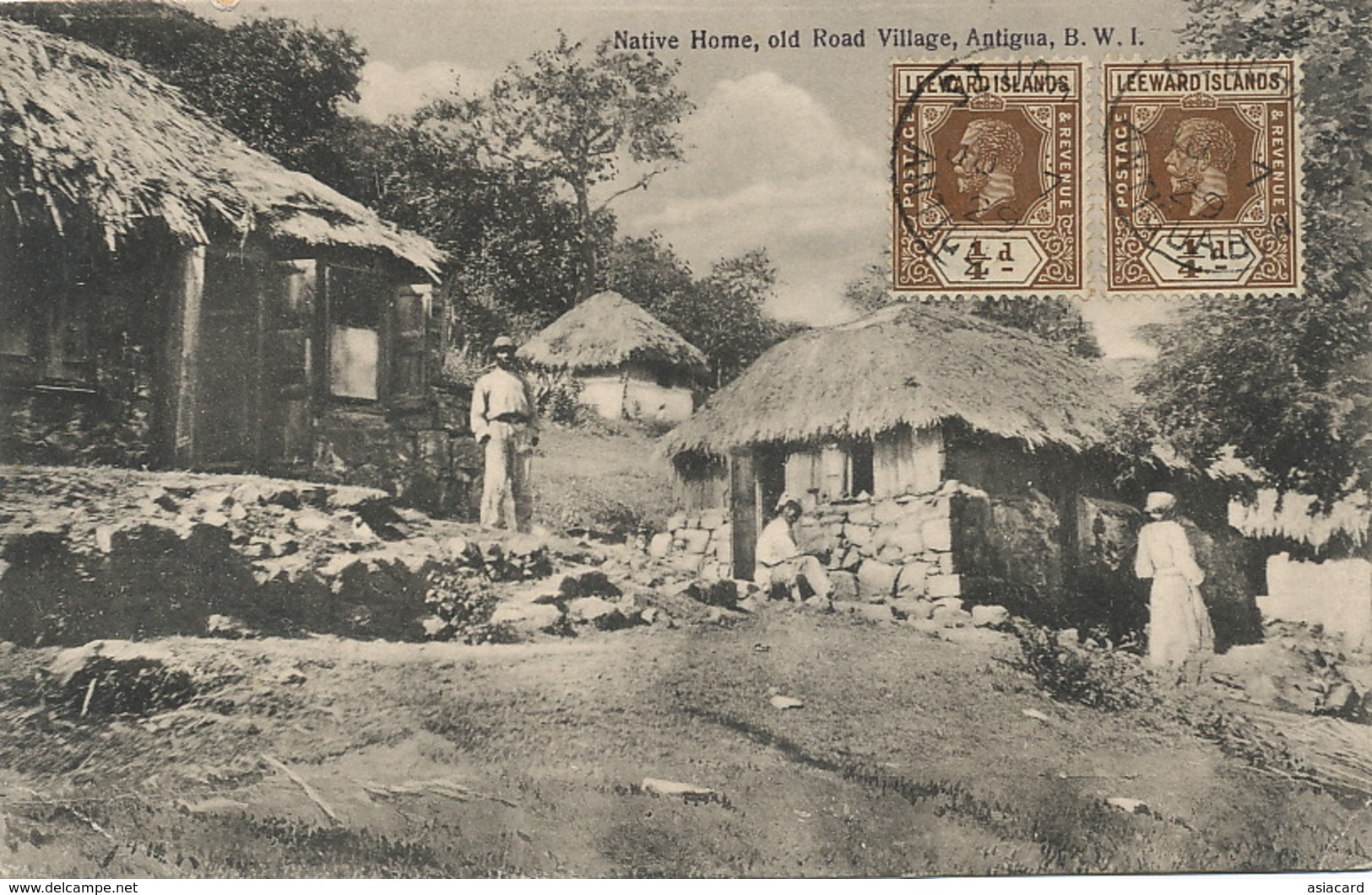 Antigua . Native Home , Old Road Village . 2 Stamps Leeward Islands . Edit José Anjo - Antigua & Barbuda