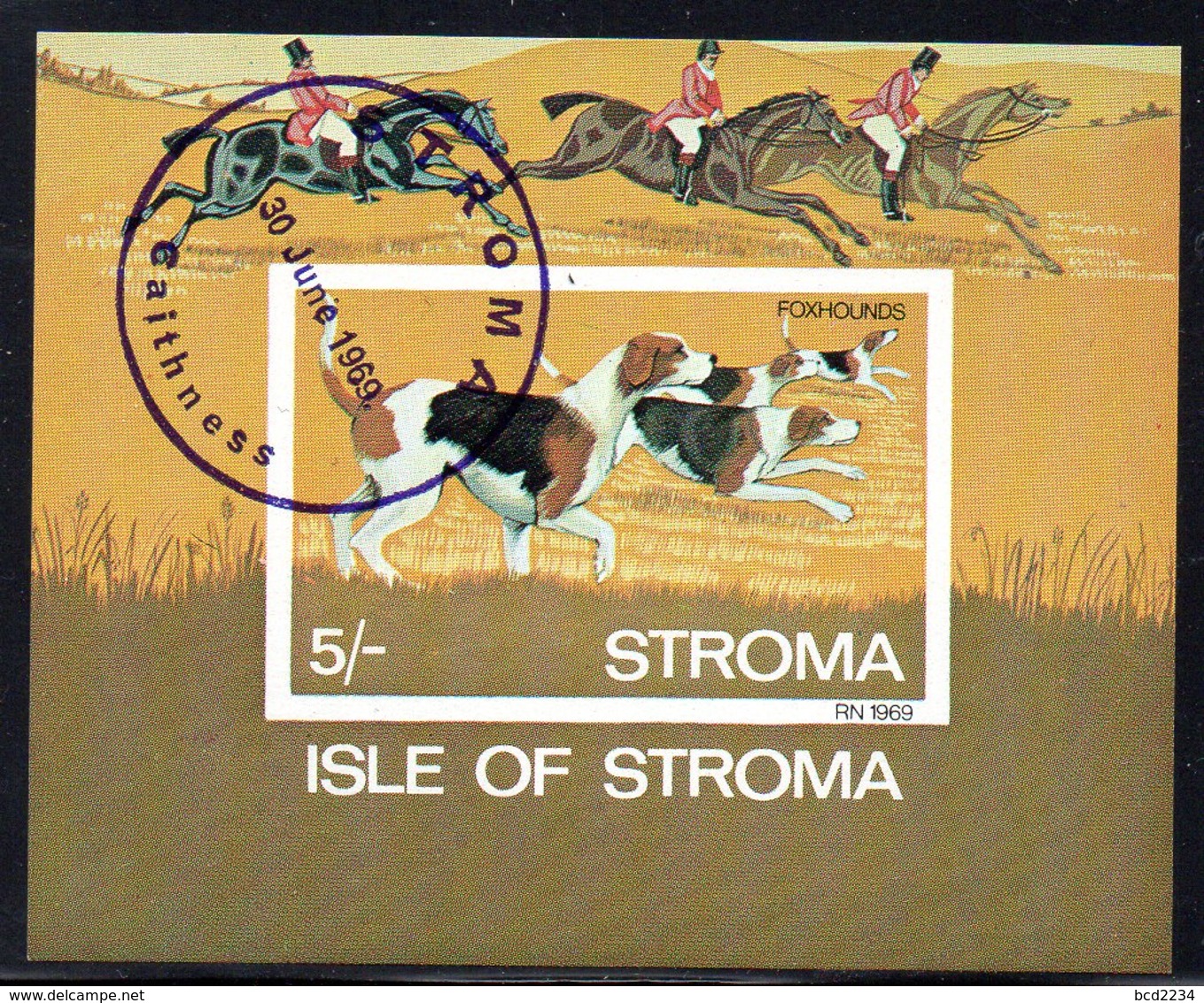 GB LOCALS ISLE OF STROMA SCOTLAND 1969 FOXHOUNDS 5/- MS IMPERFORATE USED HORSES HUNTING DOGS ISLAND GREAT BRITAIN - Cinderellas