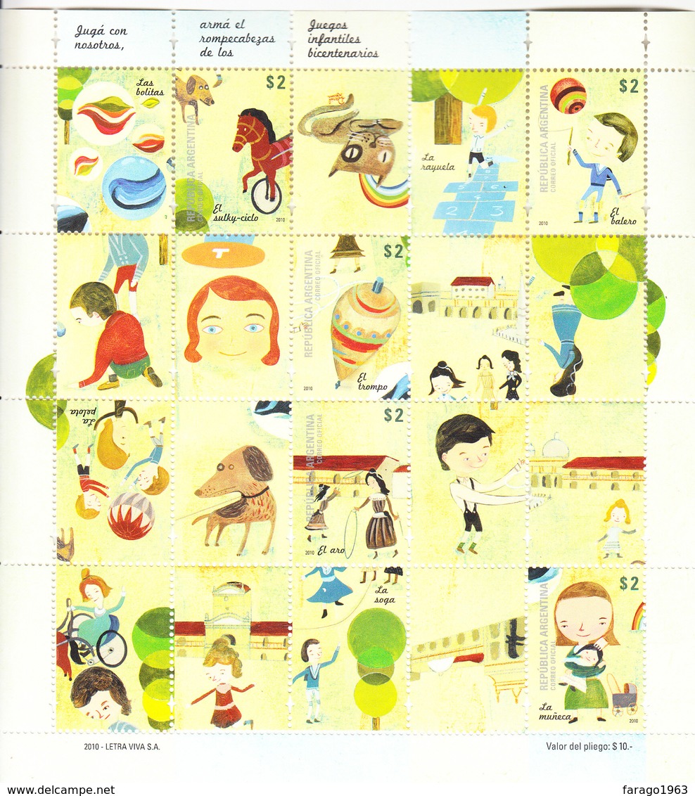 2010 Argentina Children's Toys & Games Miniature Sheet MNH - Unused Stamps