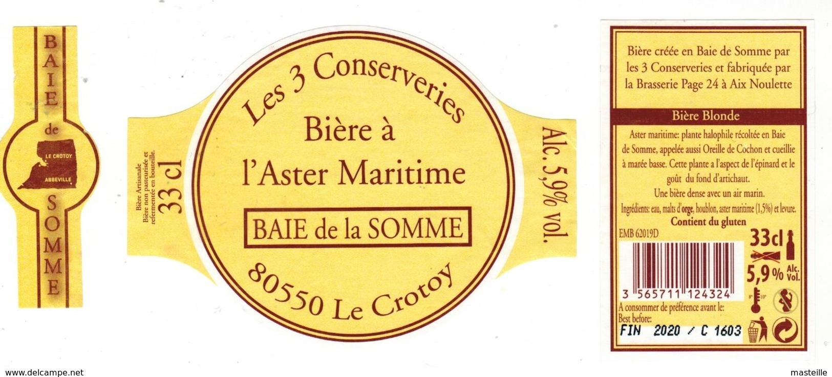 Etiquette Bière à L'Aster Maritime 33 Cl By Les 3 Conserveries Etiket Bier Beer Label Front + Back + Collar - Bière