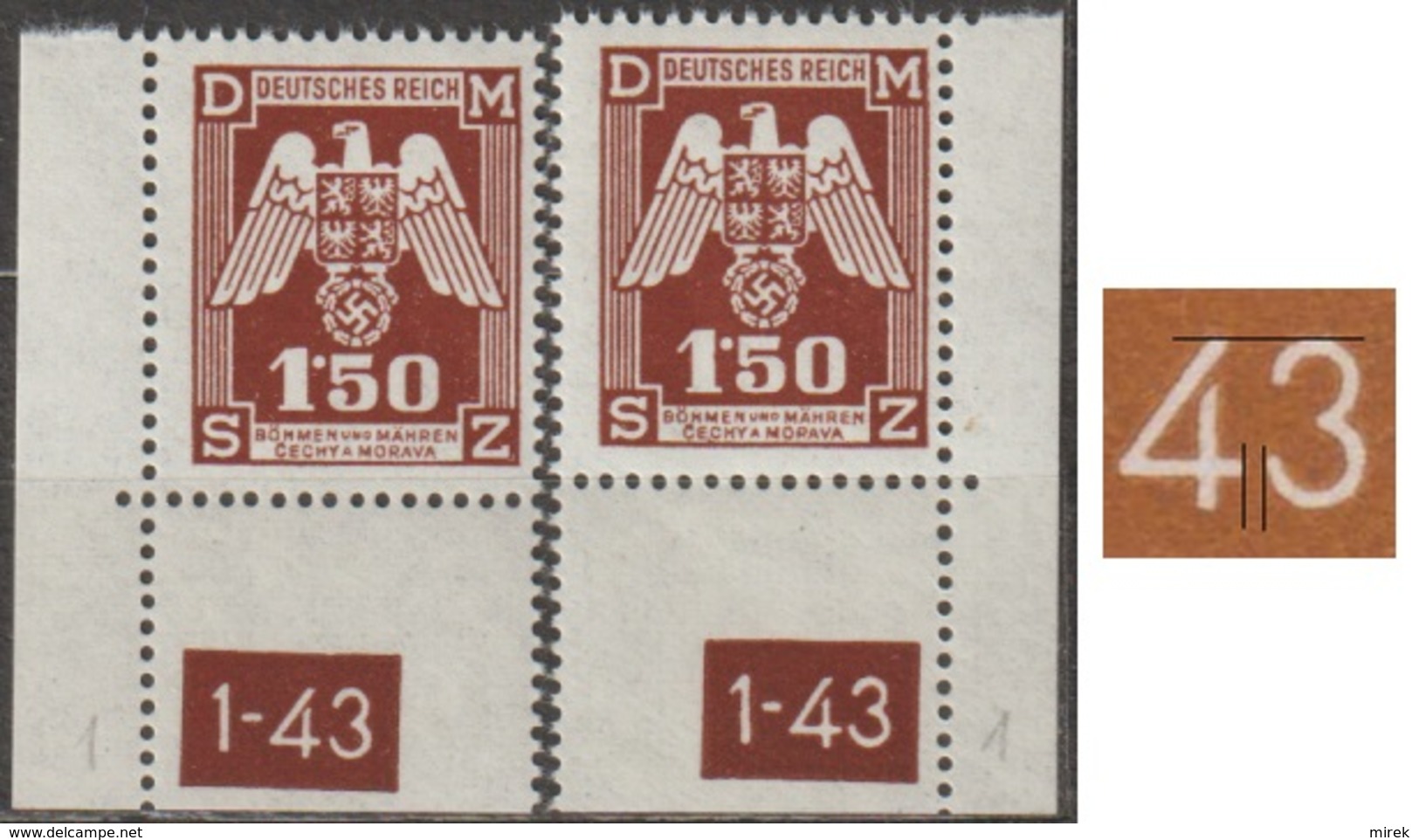 32/ Bohemia & Moravia; Service - ** Nr. SL 20 - Corner Stamps, 1st Issue, Plate Mark 1-43, Print Plate 1 - Unused Stamps