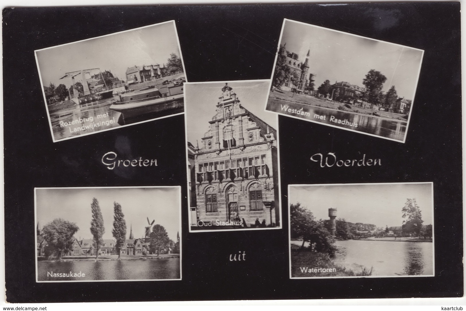 Groeten Uit Woerden - Rozenbrug Met Landwijksingel, Westdam, Stadhuis, Nassaukade, Watertoren - (1957) - Woerden