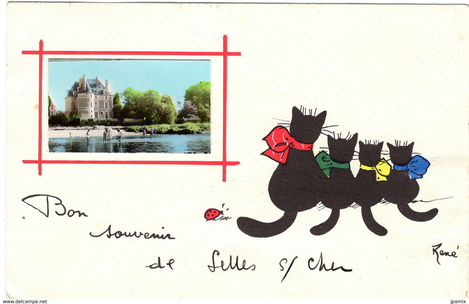 CPA : Bon Souvenir De Selles Sur Cher , Chats Noirs Illustrateur René - Other & Unclassified