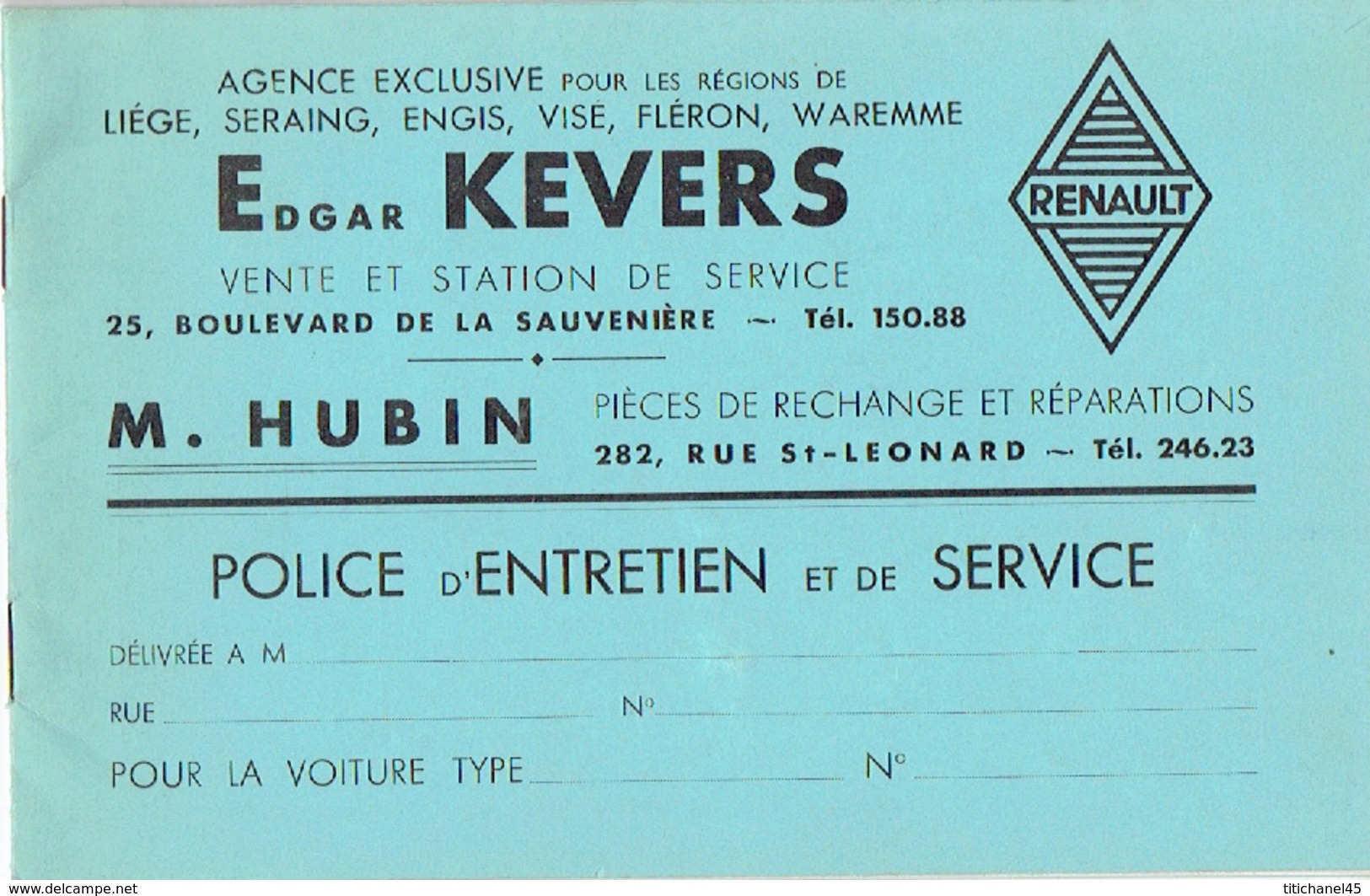 Carnet D'entretien De 1939 Automobile RENAULT Agence Edgar KEVERS à LIEGE - Auto's