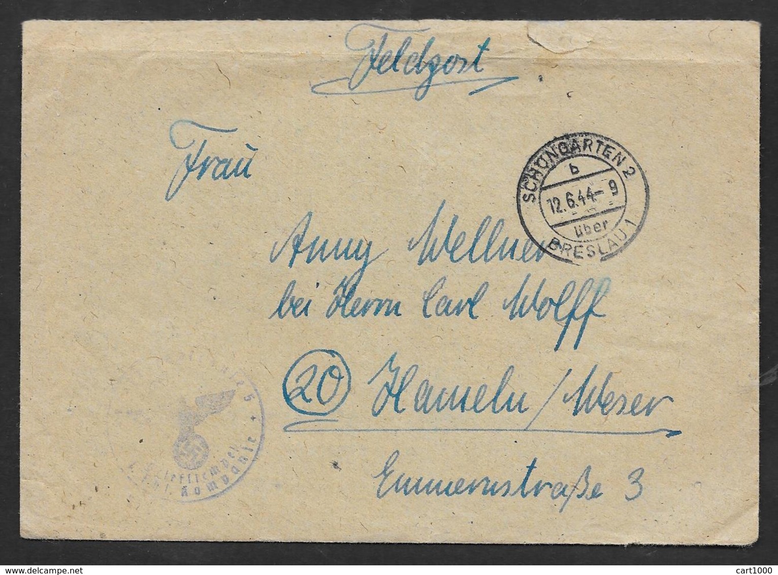 12.6.44 FELDPOST SCHUNGARTEN BRESLAU WTIH WIRTE INSIDE - Gefängnislager