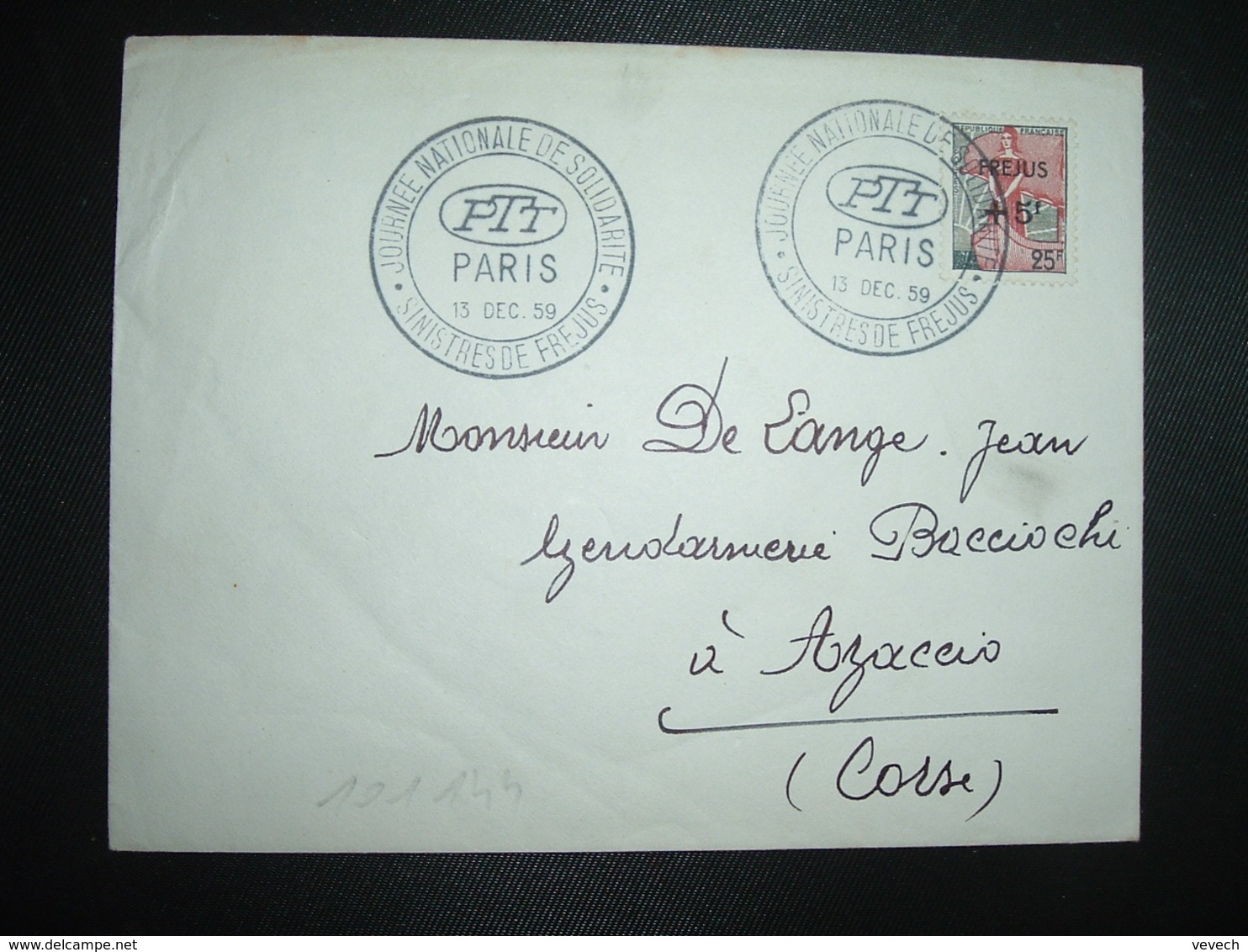 LETTRE TP M. A LA NEF 25F Surch. FREJUS +5F OBL.13 DEC 59 PTT PARIS SINISTRES DE FREJUS - 1959-1960 Marianna Alla Nef