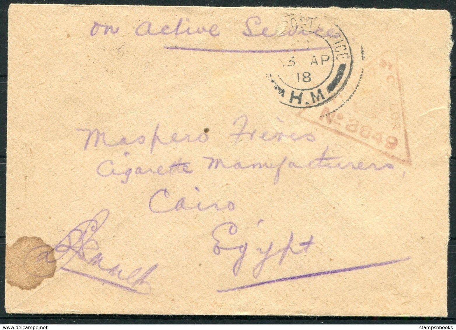 1918 GB Field Post Office HM, British Desert Mounted Column, Jericho Palestine O.A.S. Censor Cover - Cairo Egypt FPO - Briefe U. Dokumente