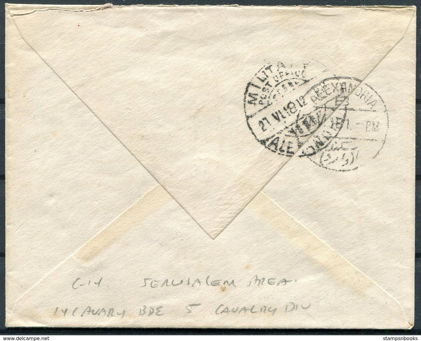 1918 GB Field Post Office 7Y F.P.O. Cavalry, Palestine O.A.S. Censor Cover - Military Post Office, Alexandria Egypt - Briefe U. Dokumente