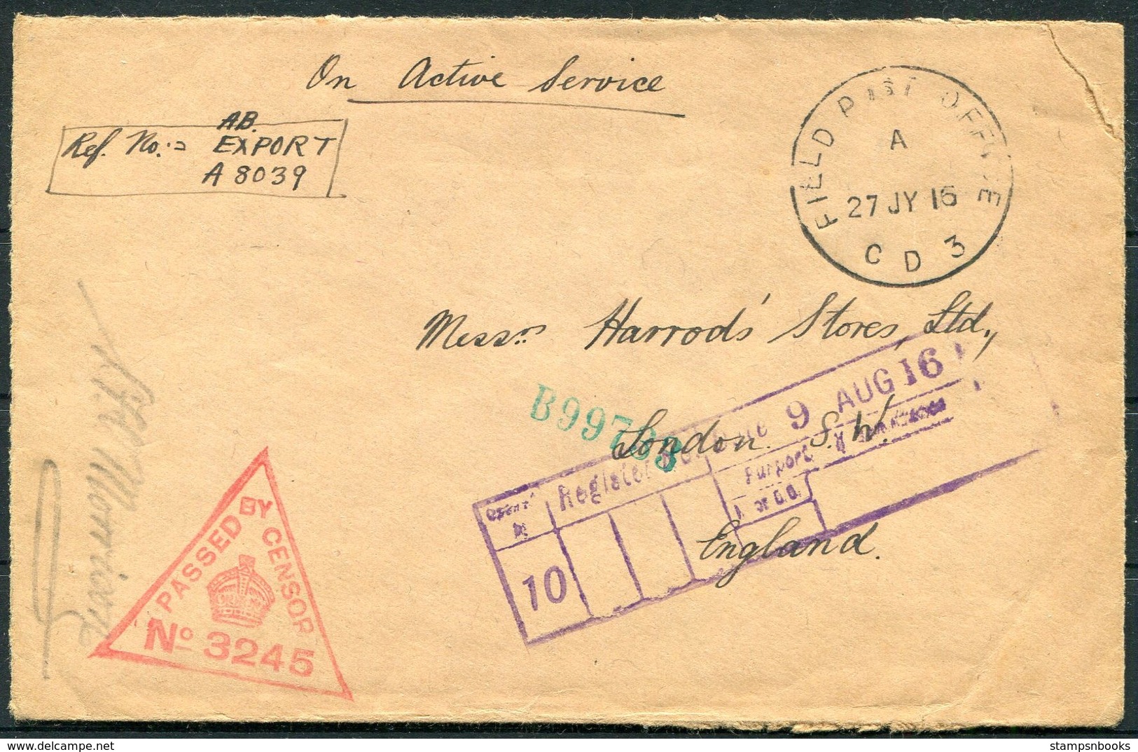 1916 Field Post Office CD3, Kantara HQ, Canal Defences, Censor O.A.S. Cover - Harrods London - Briefe U. Dokumente