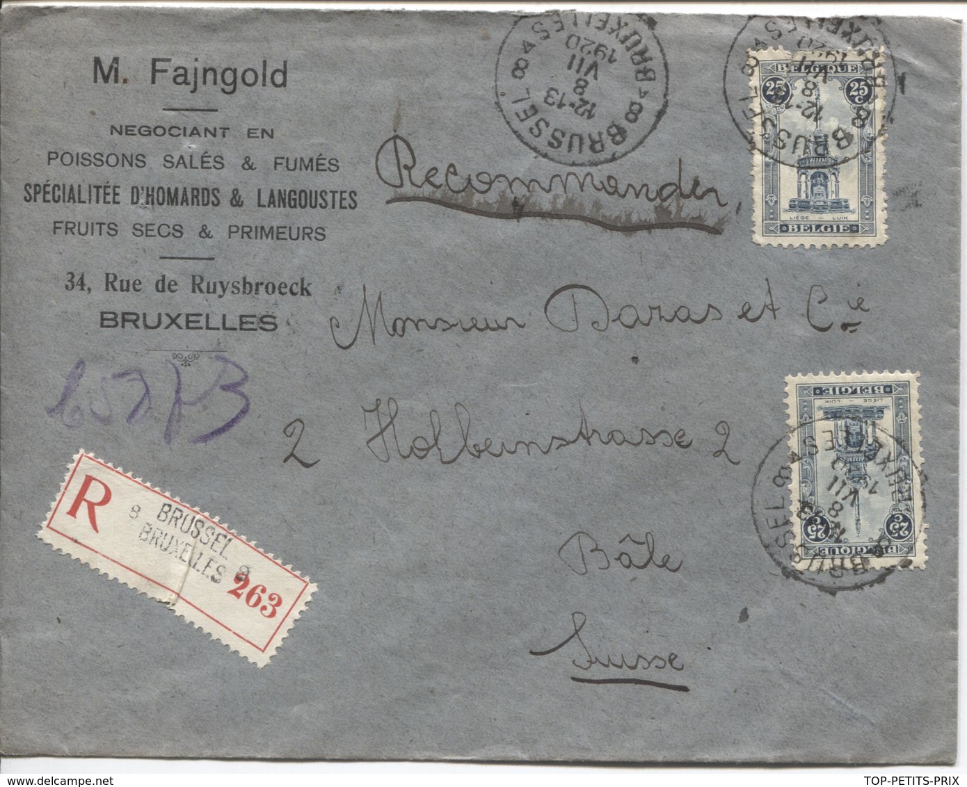 REF1030/ TP 164(2) S/L.Fajngold Négociant Judaisme Recommandée C.BXL 8/7/1920 > Suisse Bâle C.d'arrivée Basel 9/7/20 - Lettres & Documents
