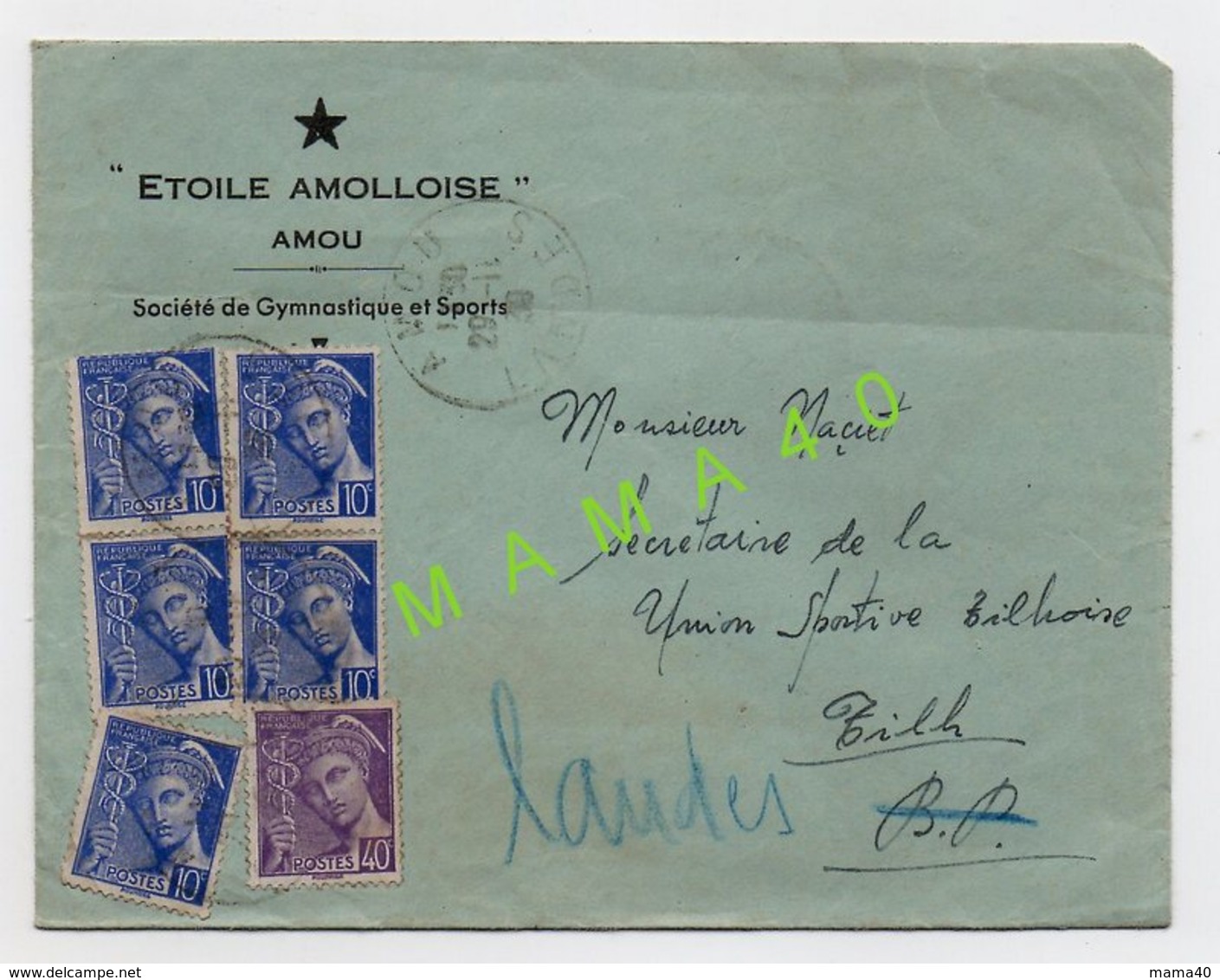 ENVELOPPE DE 1939 - 40 - AMOU - ETOILE AMOLLOISE - SOCIETE DE GYMNASTIQUE ET SPORTS - Gymnastics