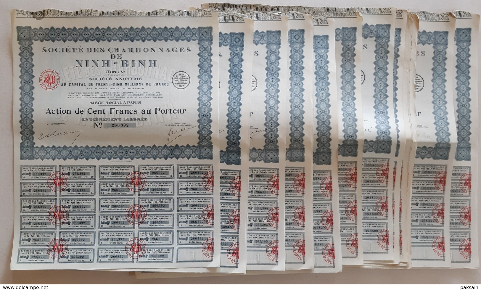 Lot De 50 Actions Société Des Charbonnages De NINH-BINH Tonkin Indochine Asie Bond Indochina Mine Mines Vietnam - Asia