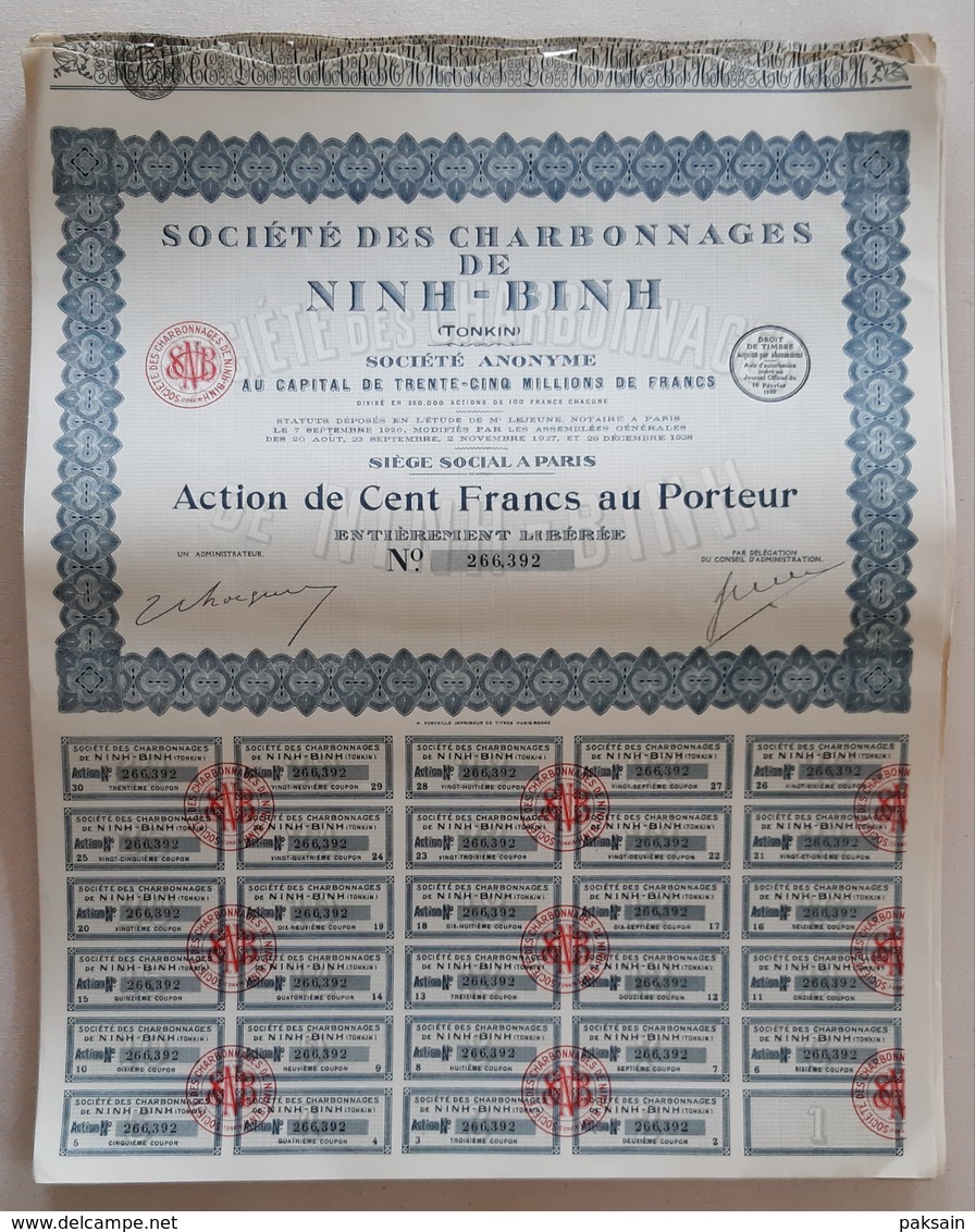 Lot De 50 Actions Société Des Charbonnages De NINH-BINH Tonkin Indochine Asie Bond Indochina Mine Mines Vietnam - Asien