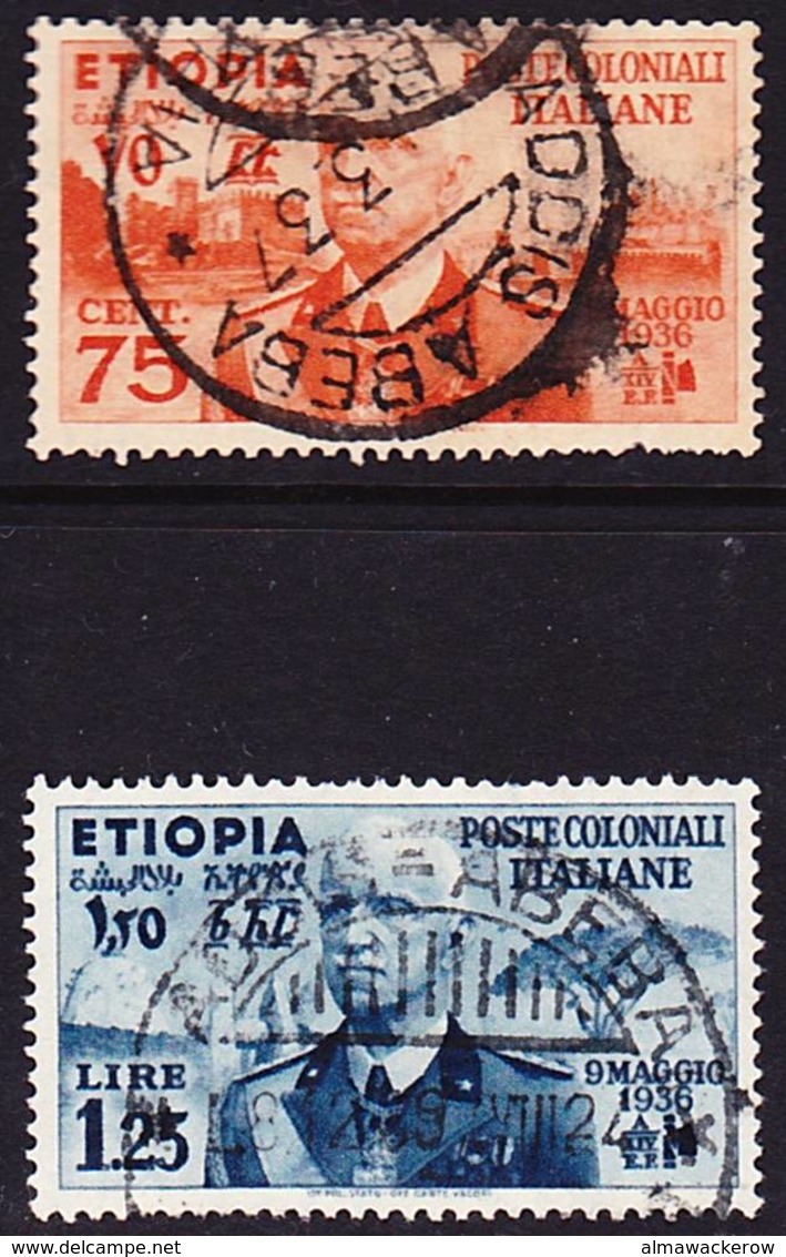 Etiopia Italiana 1936 Mi 6-7, Sassone 6-7 Used O "Addis Abeba", Mi/Sa 6 With Short Dentation - Ethiopia
