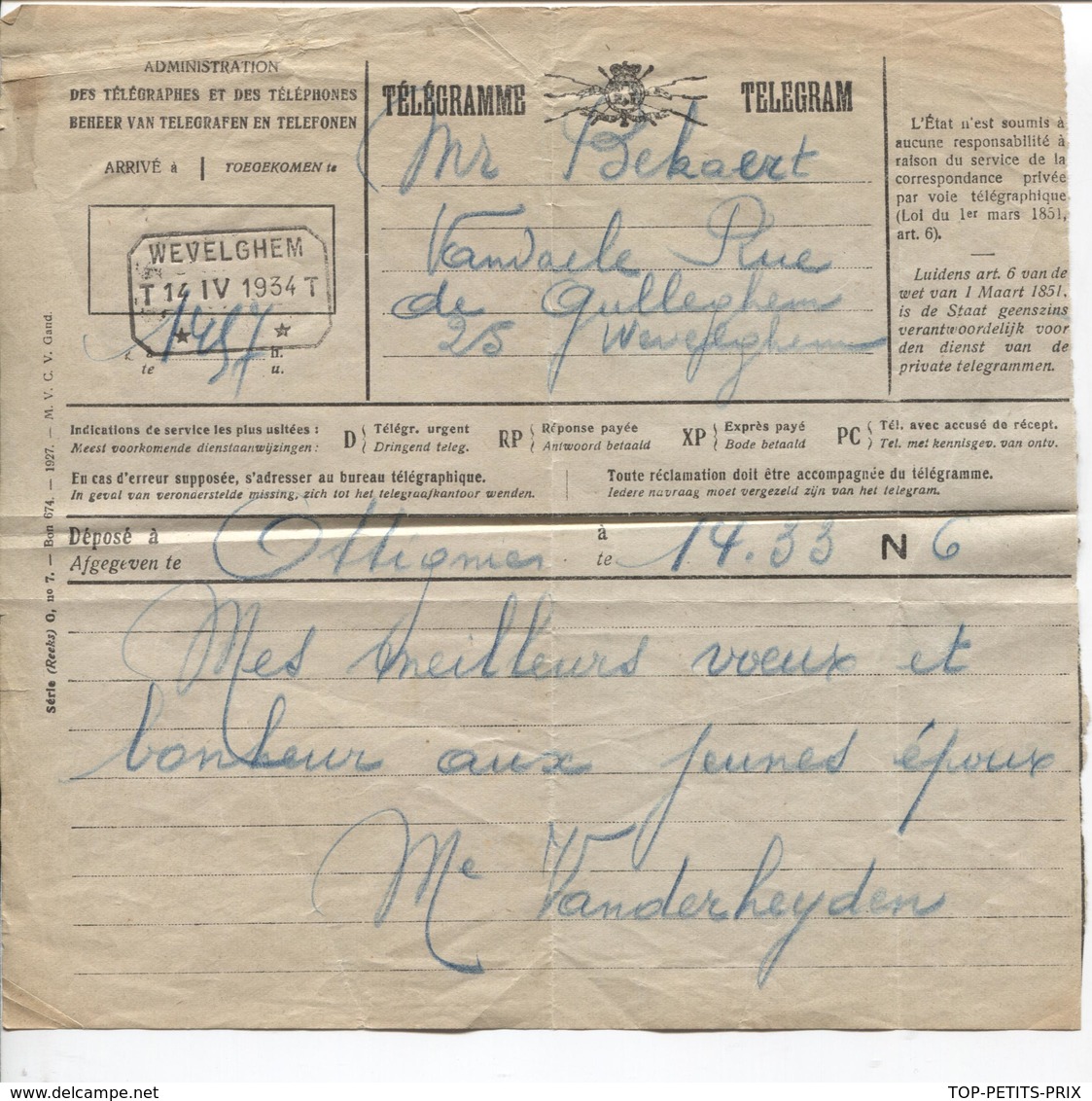 REF1037/ Télégramme-Telegram Déposé à Ottignies > Wevelghem C.T.T. Wevelghem En Arrivée 14/4/1934 - Covers & Documents