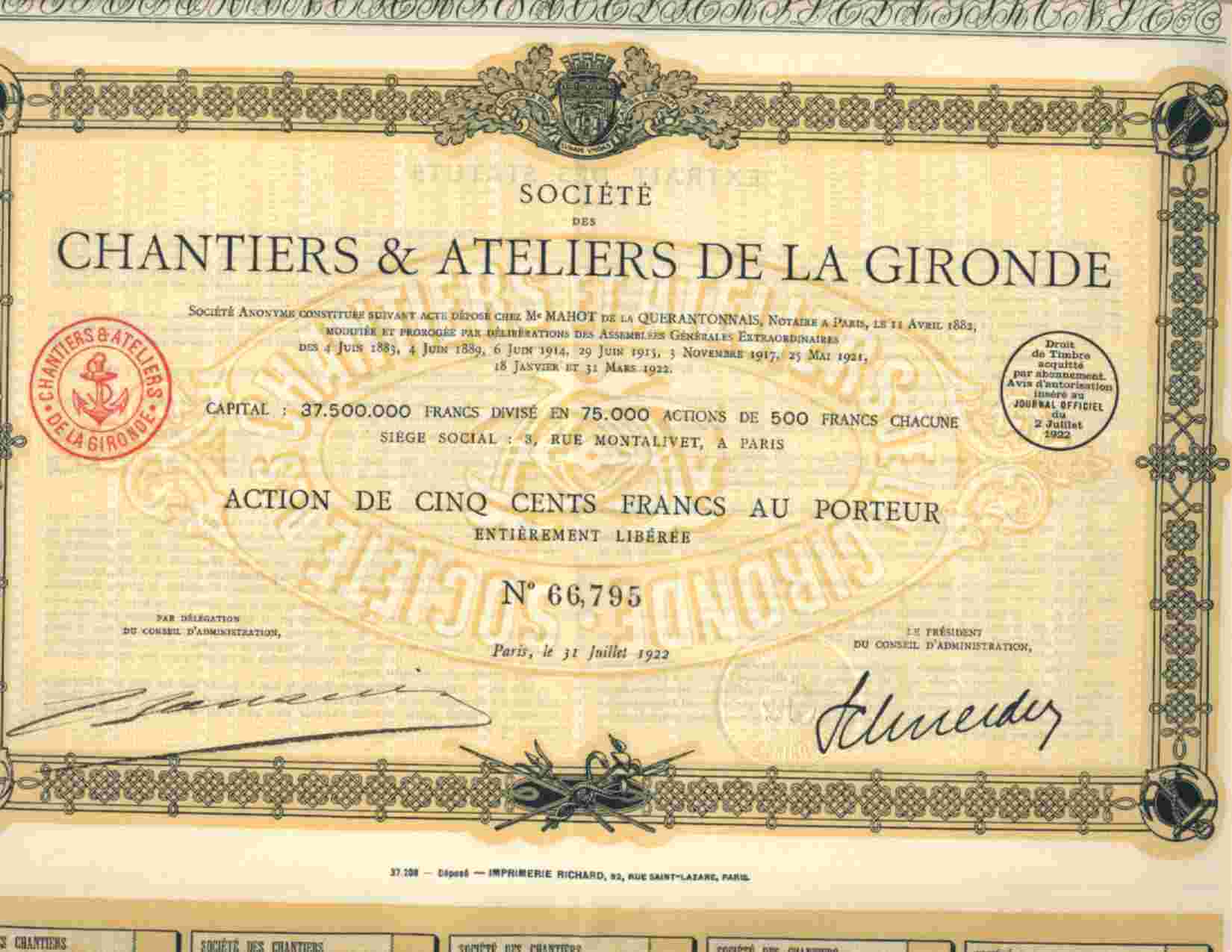 STE DES CHANTIERS & ATELIERS DE LA GIRONDE DISPO ANNEE 1921 OU 1922 - Navigation