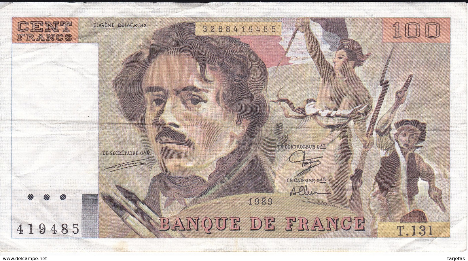 BILLETE DE FRANCIA DE 100 FRANCS DEL AÑO 1989 DE DELACROIX SERIE T (BANKNOTE) - 100 F 1978-1995 ''Delacroix''
