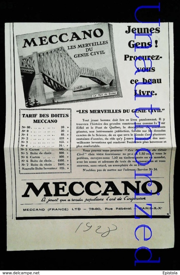 Publicité MECCANO - PONT En Jeux De Construction - Coupure De Presse (illustration) De 1928 - Meccano