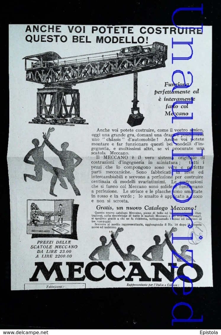 Publicité MECCANO - GRUE PORTIQUE En Jeux De Construction - Coupure De Presse Italienne (illustration) De 1929 - Meccano