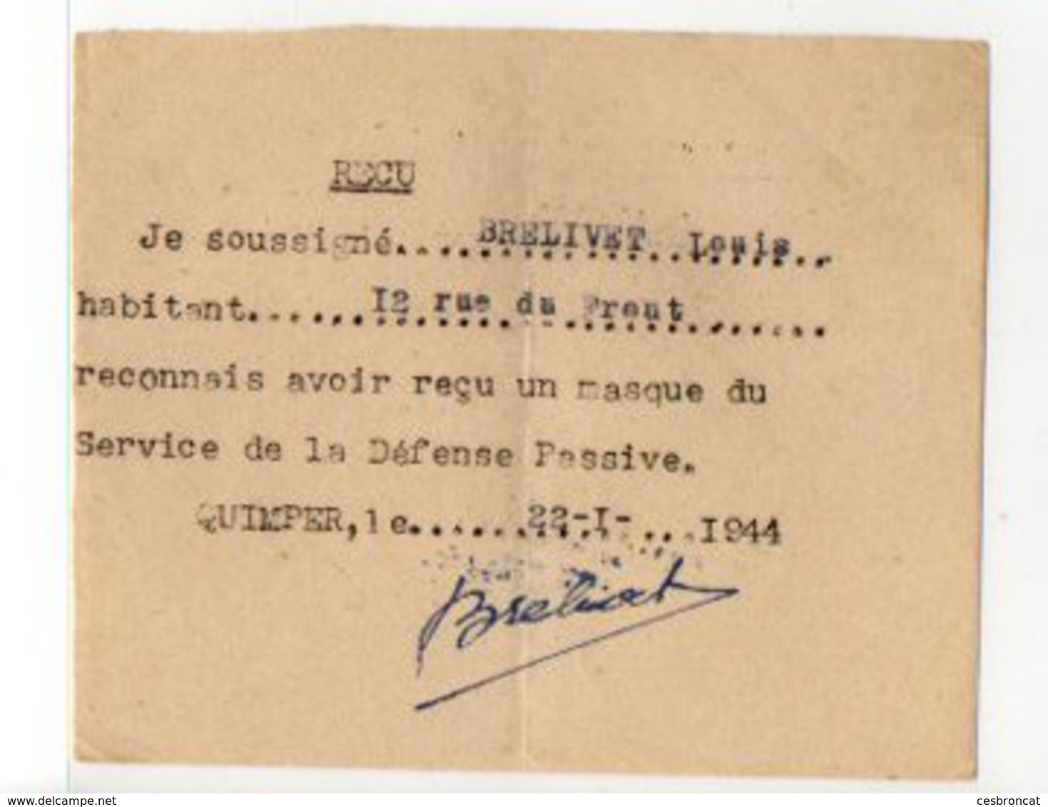 B1 22 01 1944  Recu Pour Masque Défense Passive à Quimper.. - Guerre De 1939-45