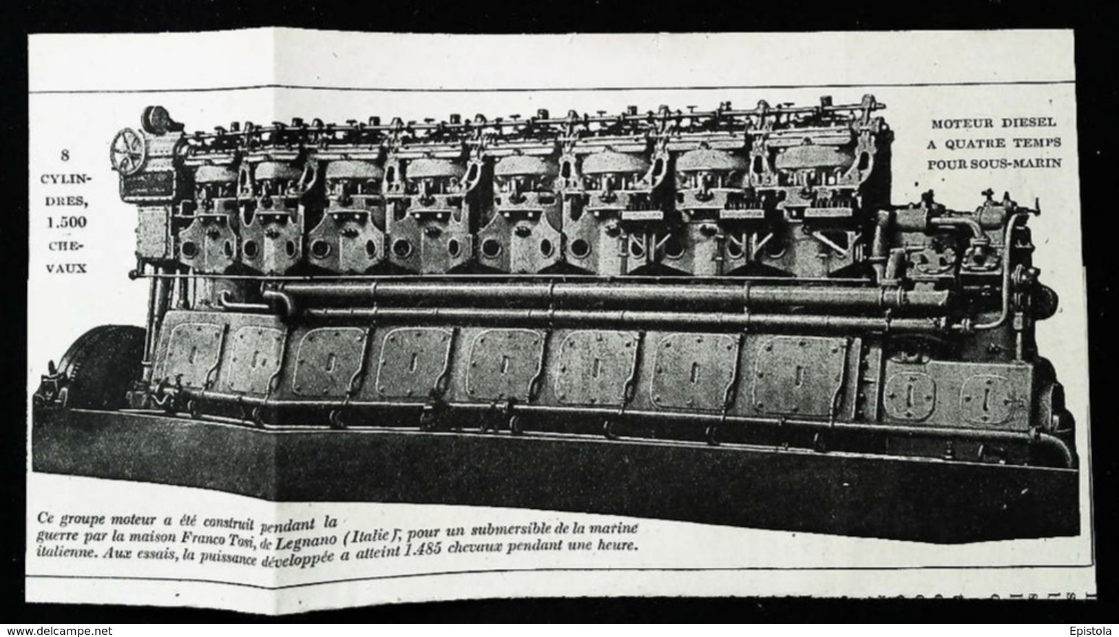 SOUS MARIN -  Moteur à Huile Lourde "Franco Tosi" Pour Submersible 1500 CV -  Coupure De Presse (encadré Photo) De 1919 - Maschinen