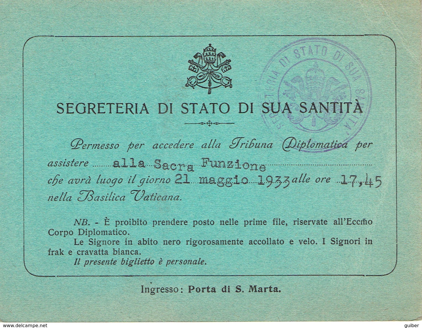 Autorisation Forum Diplomatique A Ma Basilique Du Vatican Le Secretaire D'état De Sa Sainteté Pie XI  21mai 1933 - Documents Historiques