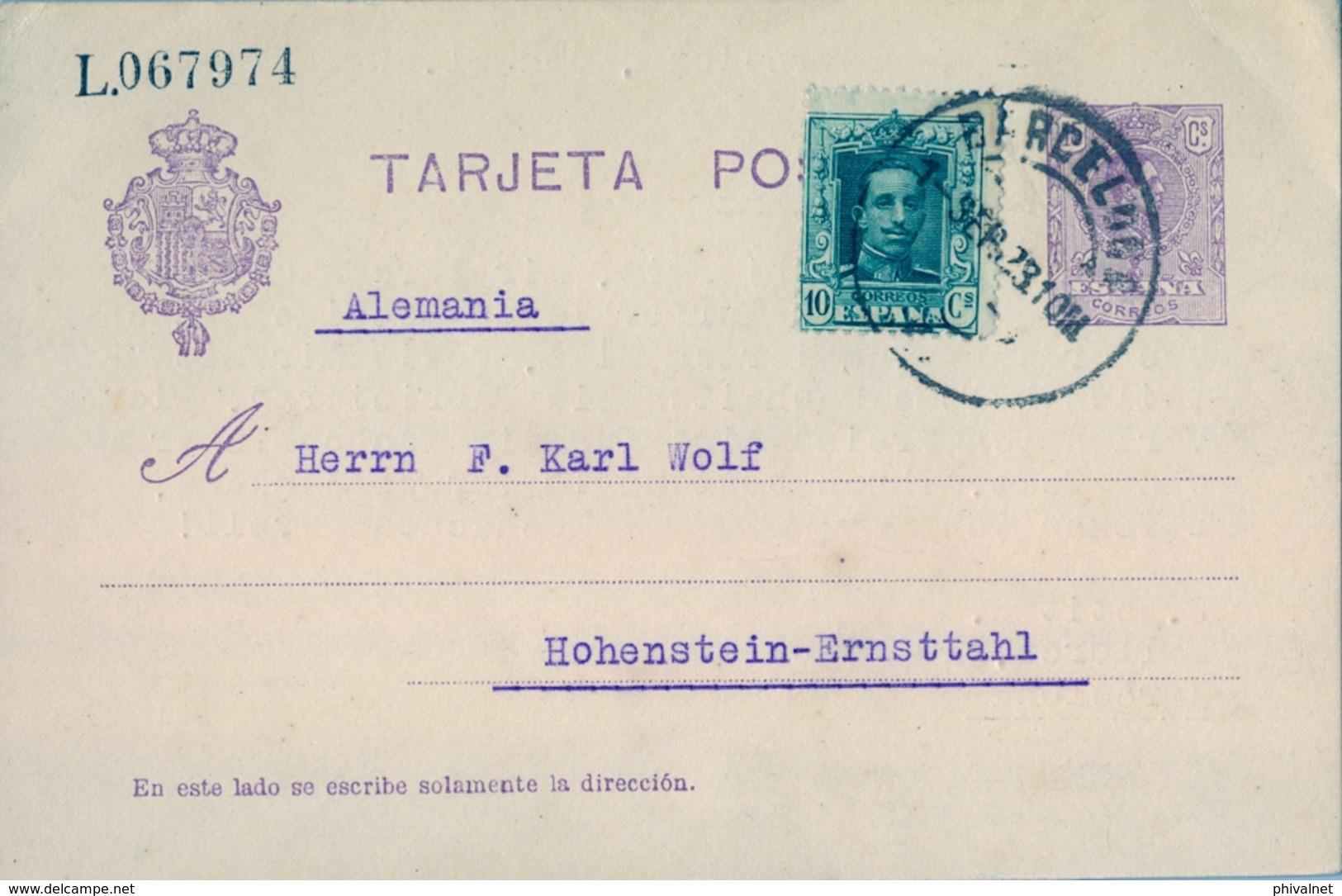 1923 , BARCELONA -HOHENSTEIN , ENTERO POSTAL CIRCULADO , ED. 50 , FRANQUEO COMPLEMENTARIO - 1850-1931