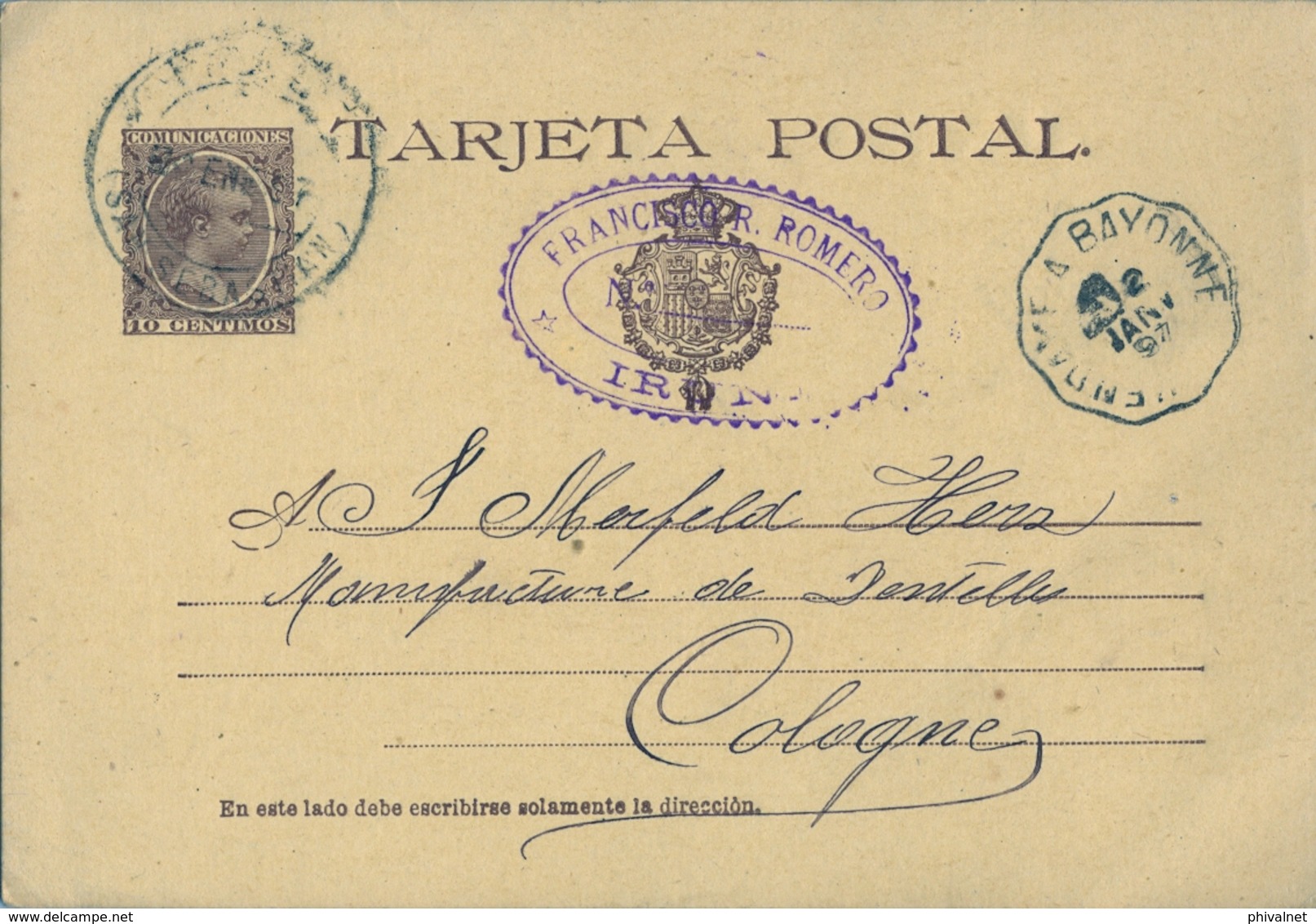 1897 , SAN SEBASTIAN , IRÚN - COLONIA , ENTERO POSTAL CIRCULADO ED. 27 , AMBULANTE " HENDAYE A BAYONNE " - 1850-1931