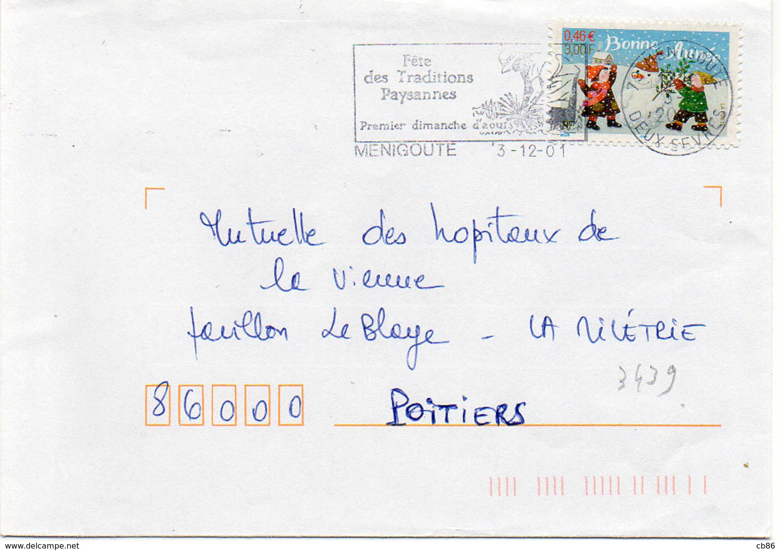 France N° 3439 Y. Et T. Deux Sèvres Ménigoute Flamme Illustrée Du 03/12/2001 - 1961-....