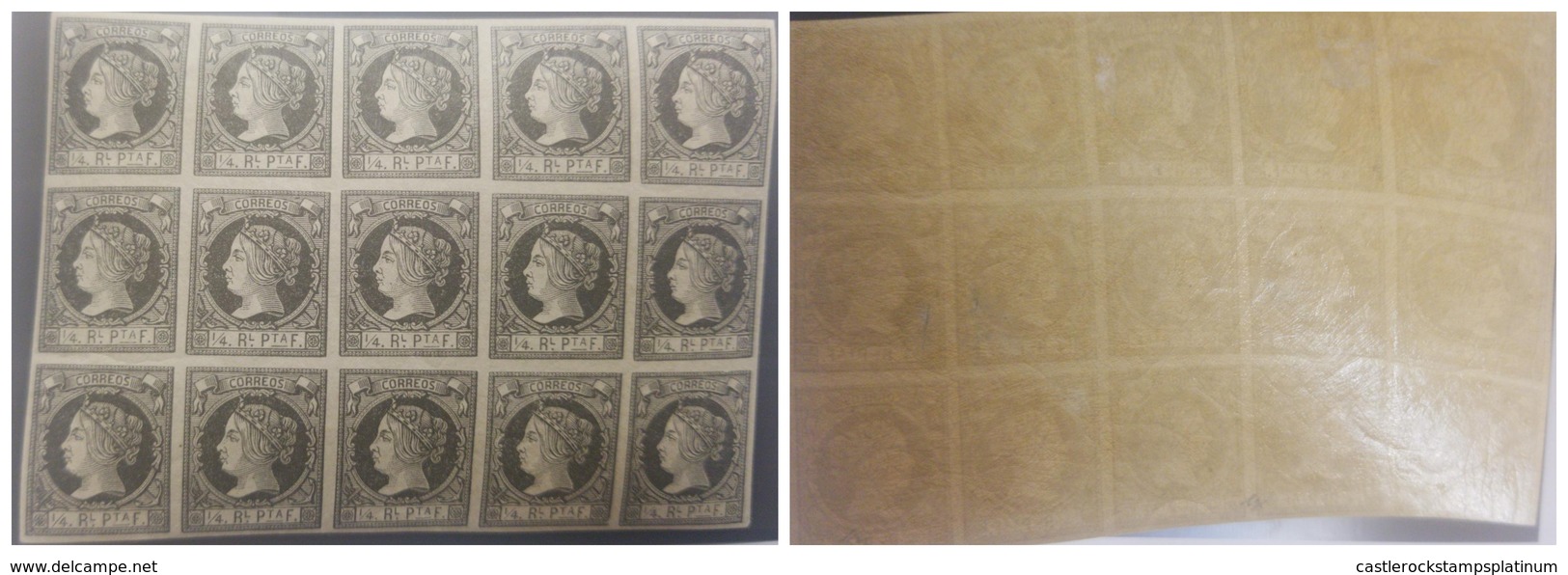 O) 1862 CUBA. SPANISH ANTILLES ,  QUEEN ISABELLA II  SC 16  1/4r Black On Pale Buff - UNUSED BLOCK OF FIFTEEN, LARGE EVE - Nuevos