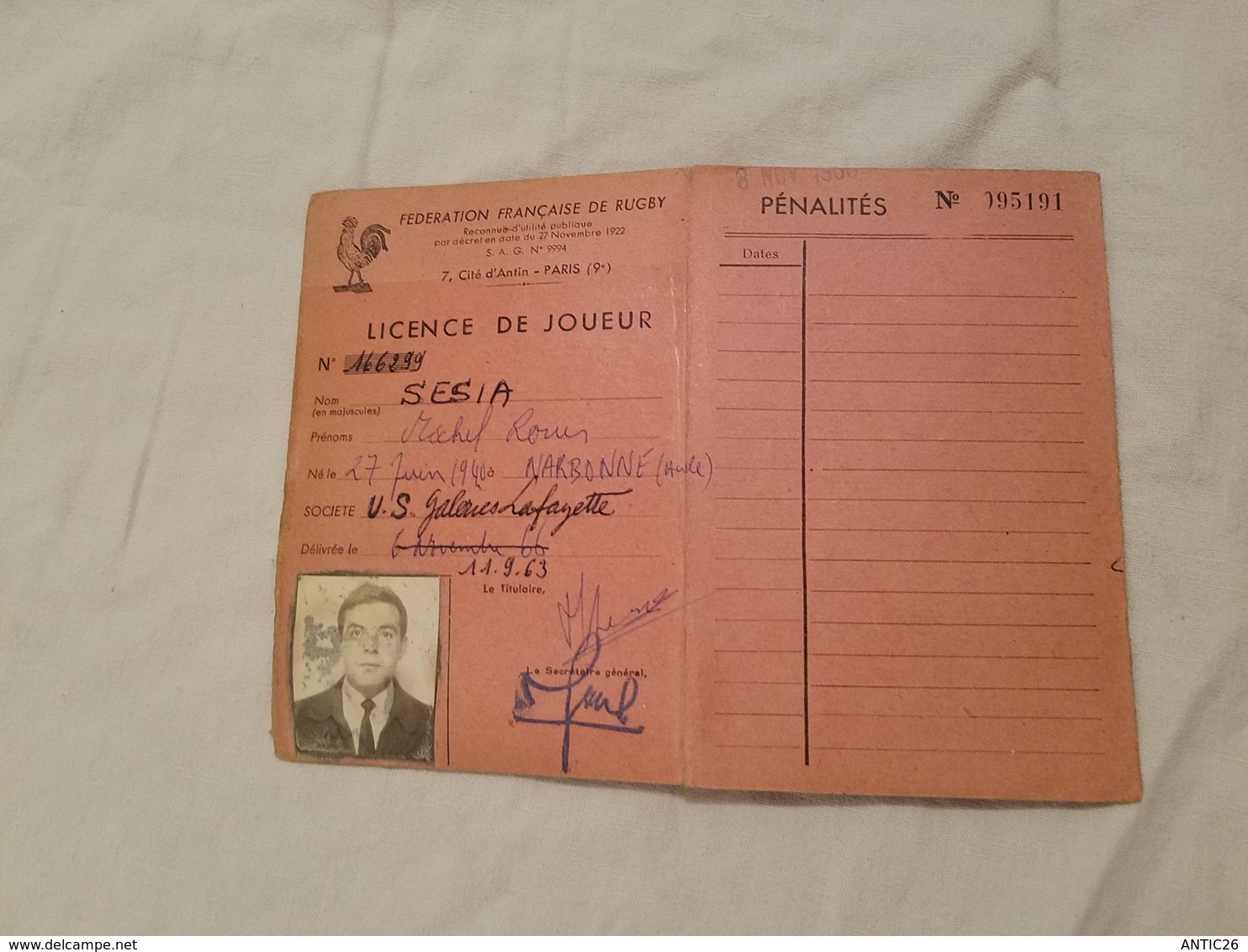 Rygby Fédération  Française  Licence De Joueur U.S. Galeries Lafayette  1963 - Rugby