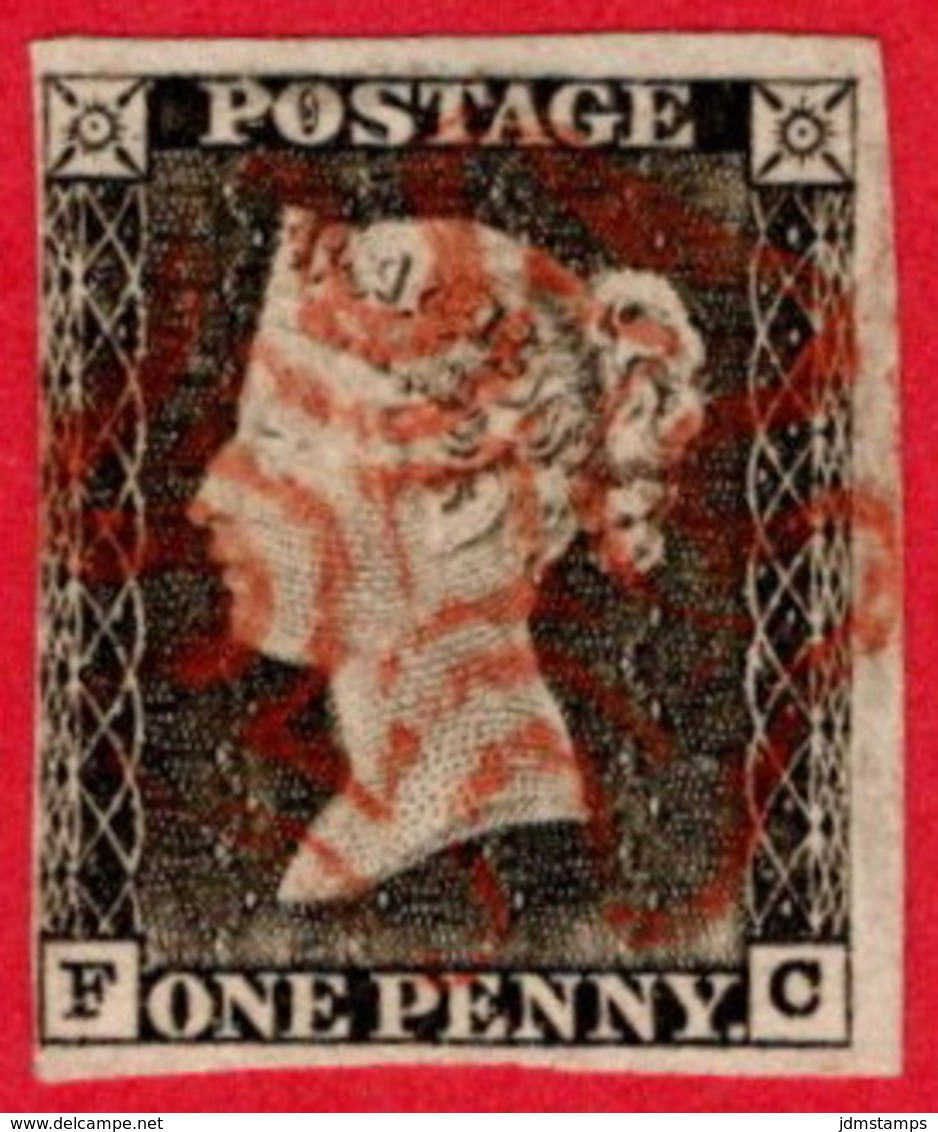 GBR SC #1 U (F,C) 1840 Queen Victoria 4-margins (very Close @ L) W/red MC Cancel CV $370.00 - Used Stamps