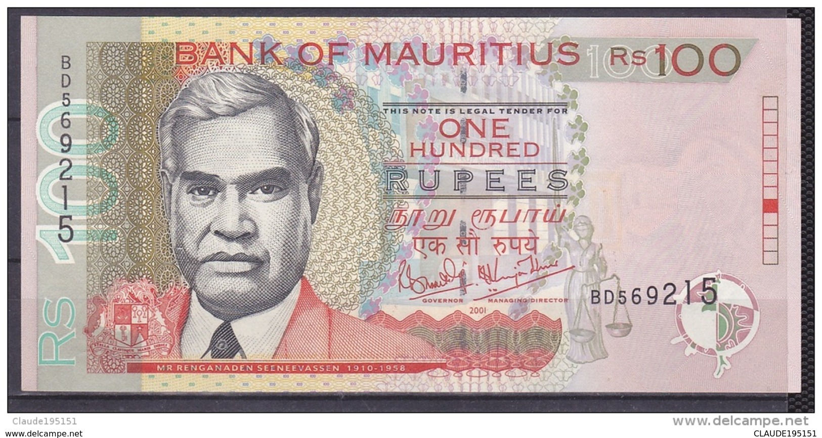 MAURICE      BILLET        100RS    2001 - Mauritius