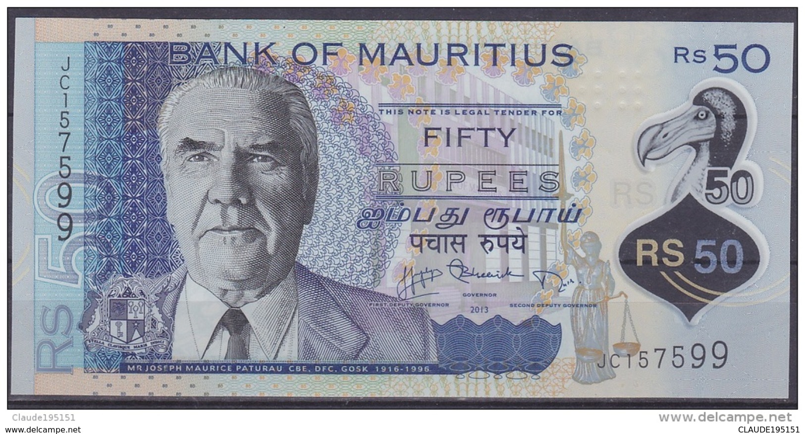 MAURICE      BILLET    50RS   2013 - Mauritius