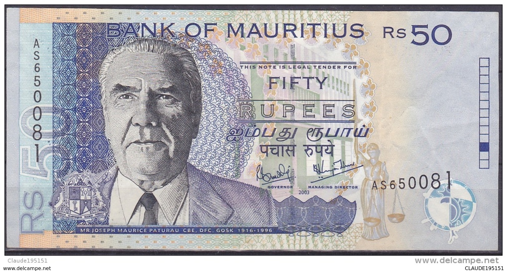 MAURICE      BILLET    50RS   2003 - Mauritius
