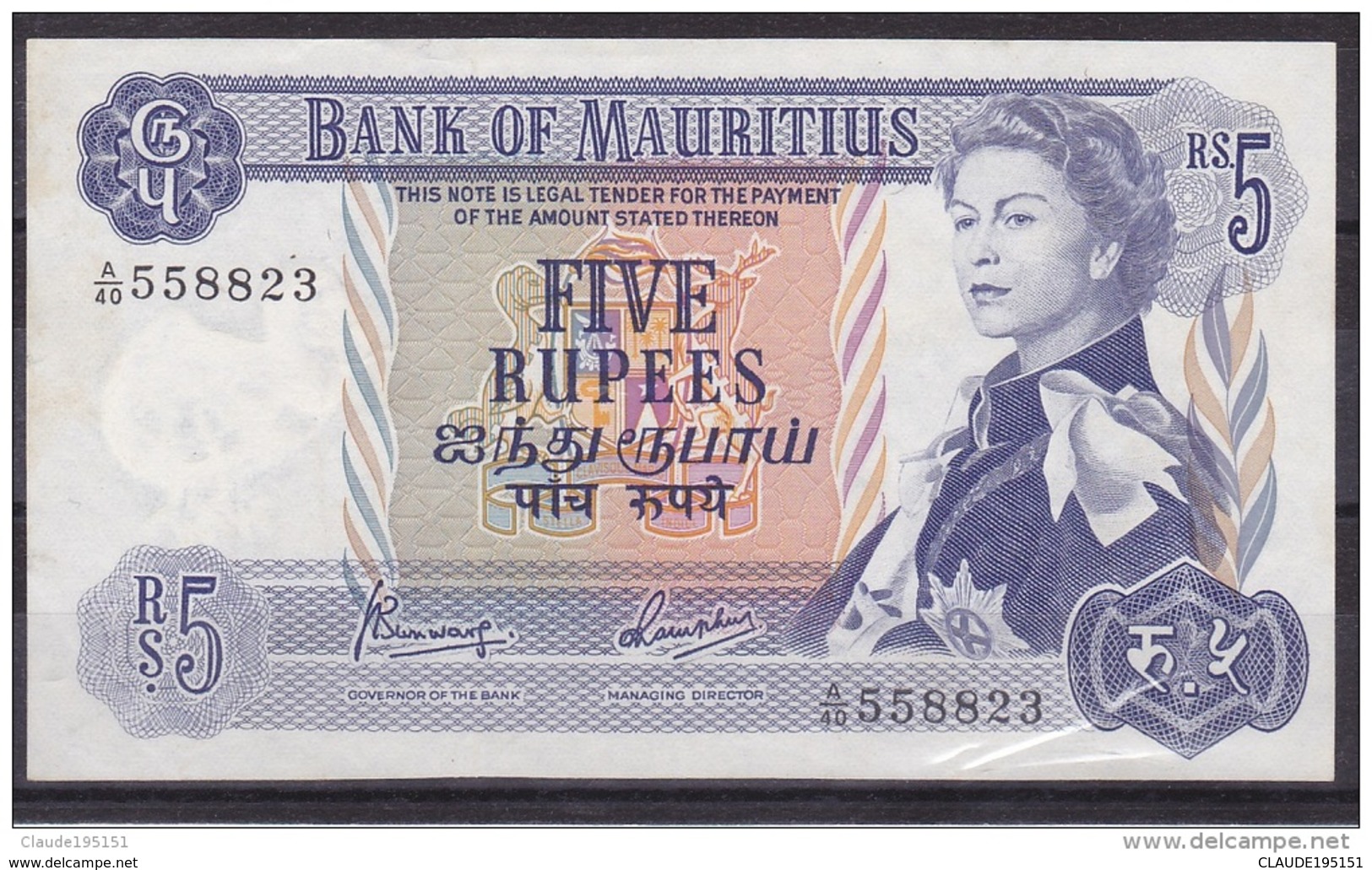 MAURICE      BILLET   5  RS  1967 - Mauritius