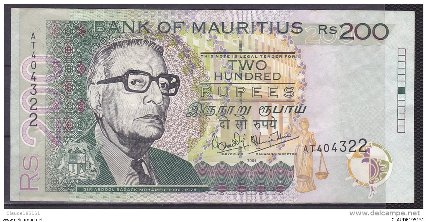 MAURICE      BILLET        200RS    2004 - Mauritius