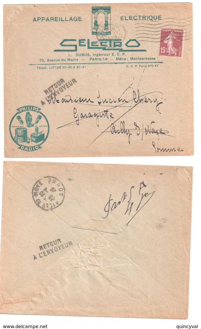 PARIS Lettre Appareil Eléctrique Selectro Illustré PHILIPS RADIO 15c Semeuse Yv 189 Retour Envoyeur AILLY/NOYE Somme - Briefe U. Dokumente