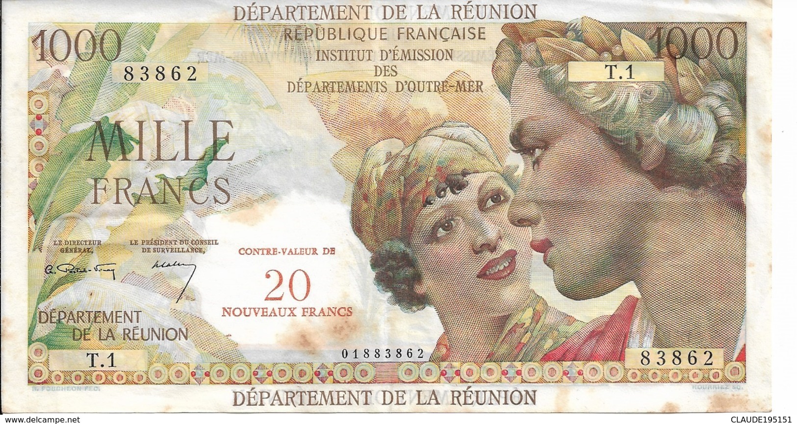 REUNION BILLET          20 NOUVEAUX FRANCS / 1000 FRS BON ETAT - Reunión