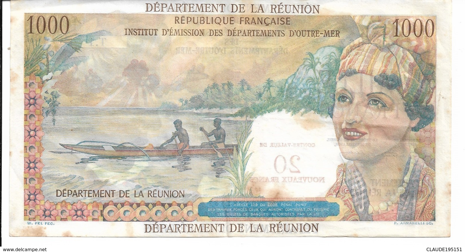 REUNION BILLET          20 NOUVEAUX FRANCS / 1000 FRS BON ETAT - Reunion