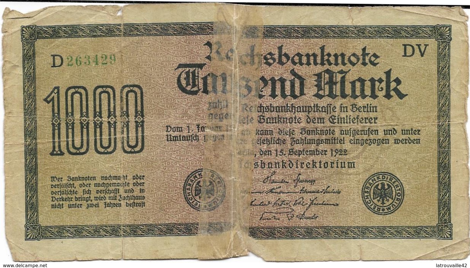 Billet De 1000 Marks Allemagne 15/09/1922 - 1000 Mark
