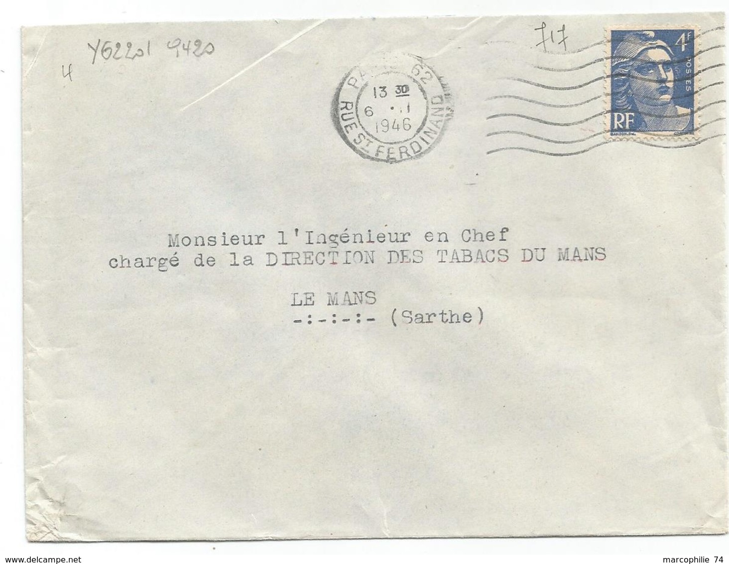 GANDON 4FR BLEU N°717 SEUL LETTRE PARIS 62 6.II.1946 TARIF 2EME - 1945-54 Marianne De Gandon