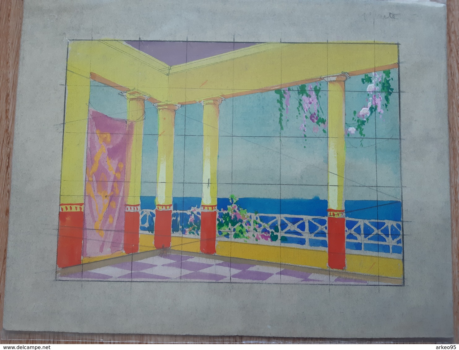 Projet De Décor De Scène De Théâtre, D'Opéra Ou D'Opérette. Terrasse En Bord De Mer - Gouaches