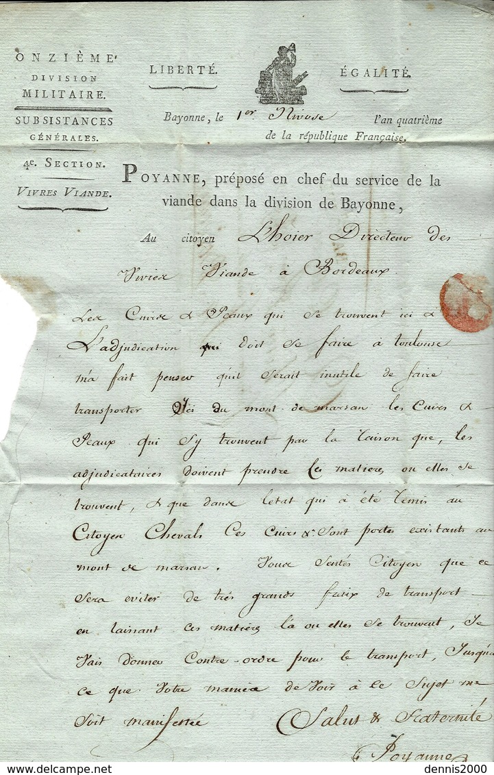 An 4 - Lettre De 64 / BAYONNE  ( Bsses Pyr. )  + " Service Militaire " - 1701-1800: Precursors XVIII