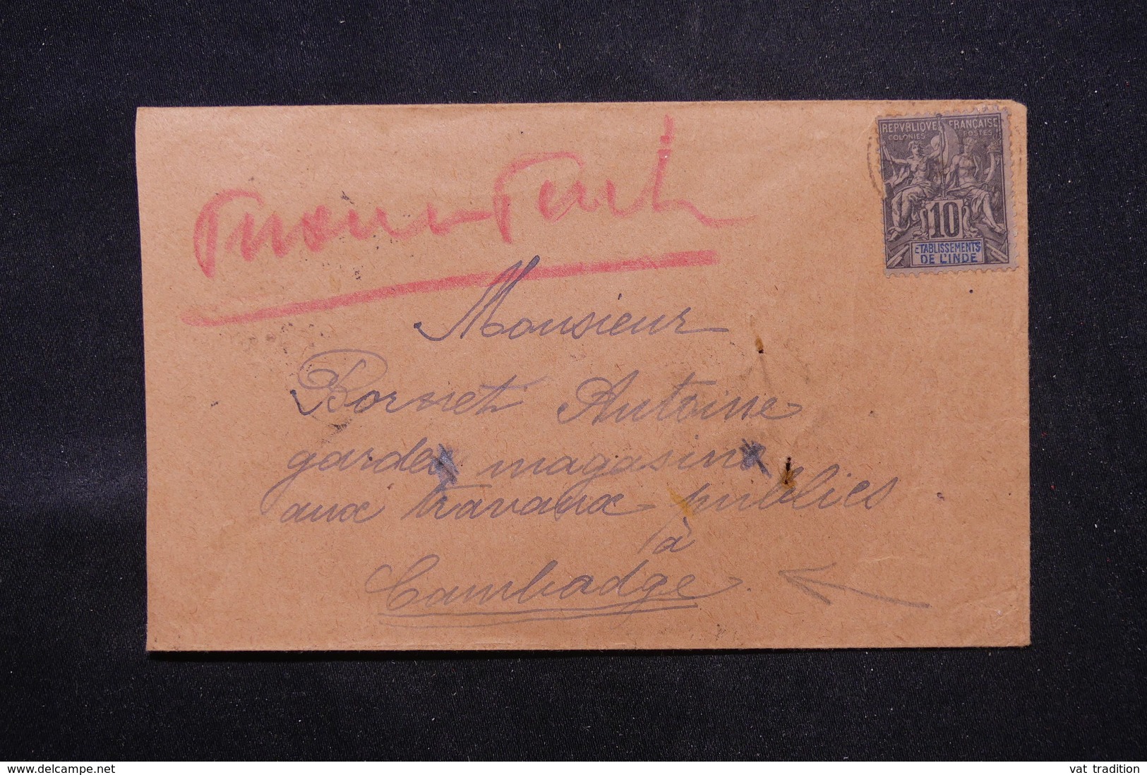 INDE - Enveloppe De Karikal Pour Le Cambodge ( Phong Penh ) En 1912, Affranchissement Groupe - L 59034 - Lettres & Documents
